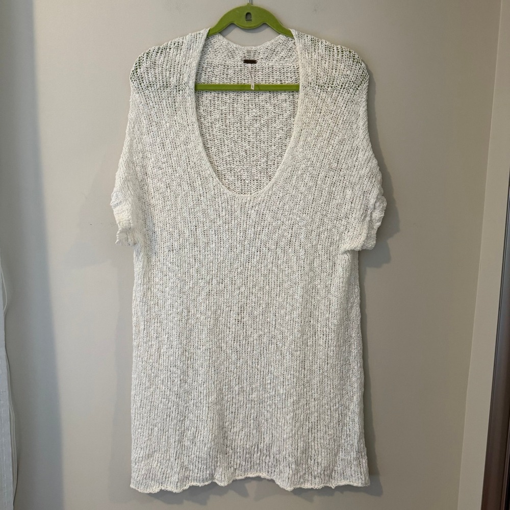 Free People White Cotton Blend Knit Short Sleeve Scoop Neck Tunic Sweater S